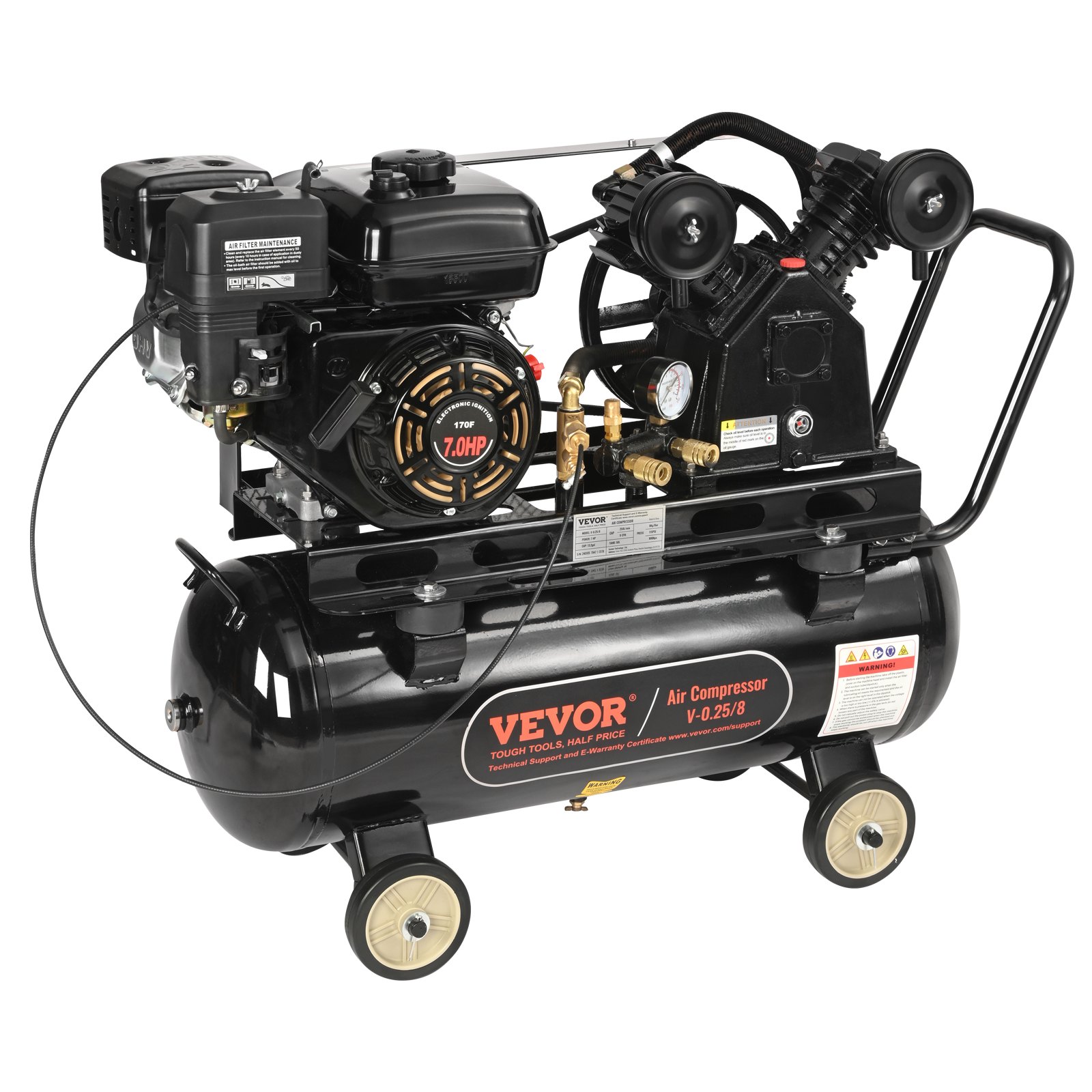 Compresor de aire a gas VEVOR con tanque negro y motor de 7.0 hp sobre dos ruedas.