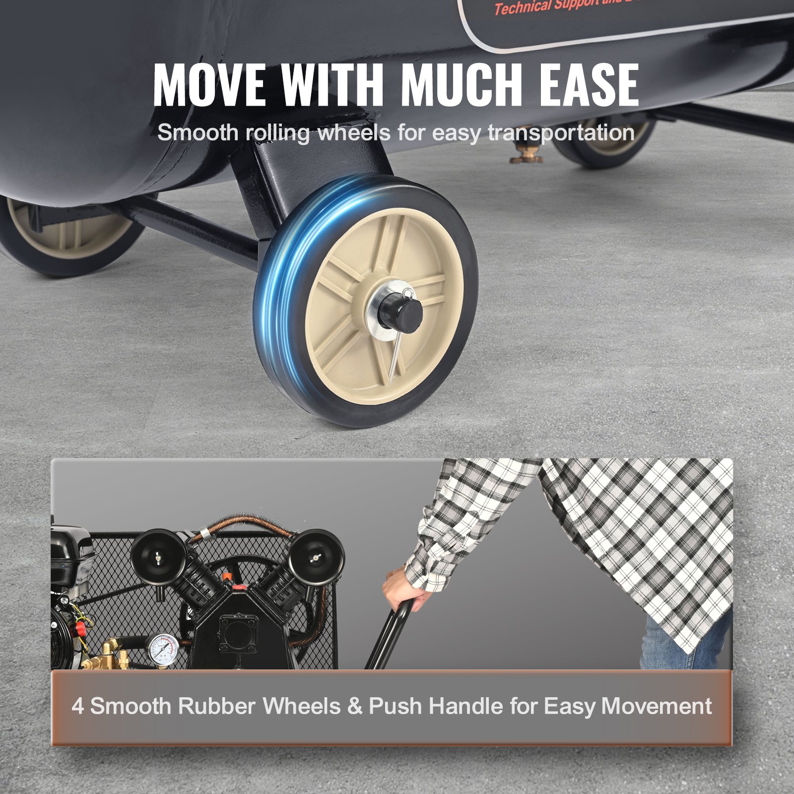Compresor de aire a gasolina VEVOR de 7 HP, tanque horizontal de 13,2 galones, 9 CFM a 115 PSI, sistema de aire comprimido con bomba de pistón accionada por gas y presión máxima de 115 PSI para talleres y obras de construcción.