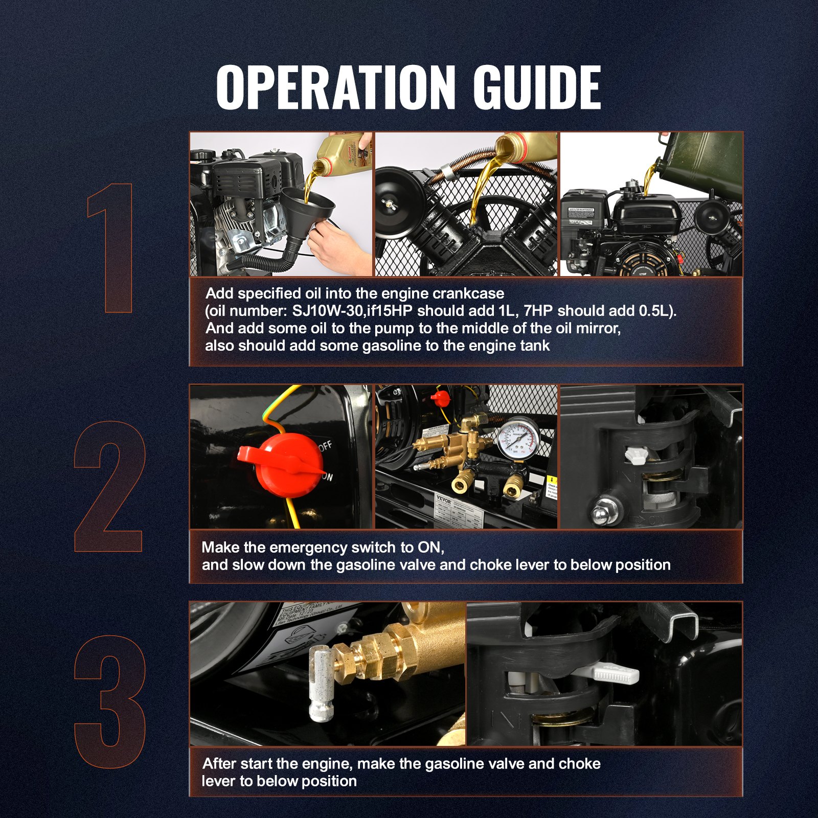Compresor de aire a gasolina VEVOR de 7 HP, tanque horizontal de 13,2 galones, 9 CFM a 115 PSI, sistema de aire comprimido con bomba de pistón accionada por gas y presión máxima de 115 PSI para talleres y obras de construcción.