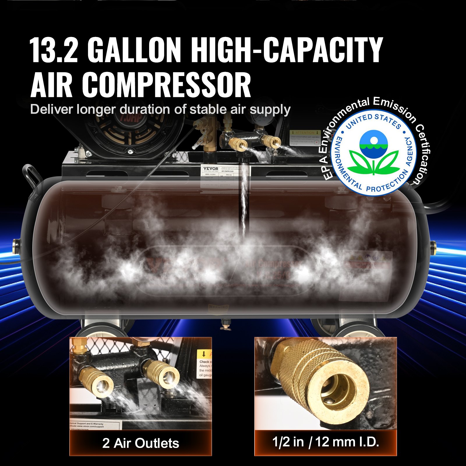 Compresor de aire a gasolina VEVOR de 7 HP, tanque horizontal de 13,2 galones, 9 CFM a 115 PSI, sistema de aire comprimido con bomba de pistón accionada por gas y presión máxima de 115 PSI para talleres y obras de construcción.