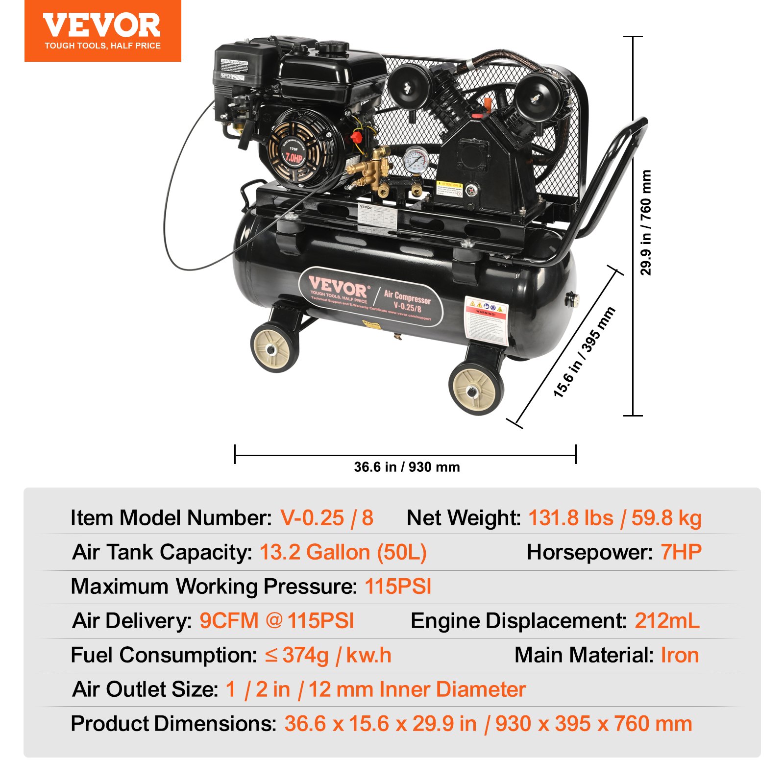 Compresor de aire a gasolina VEVOR de 7 HP, tanque horizontal de 13,2 galones, 9 CFM a 115 PSI, sistema de aire comprimido con bomba de pistón accionada por gas y presión máxima de 115 PSI para talleres y obras de construcción.