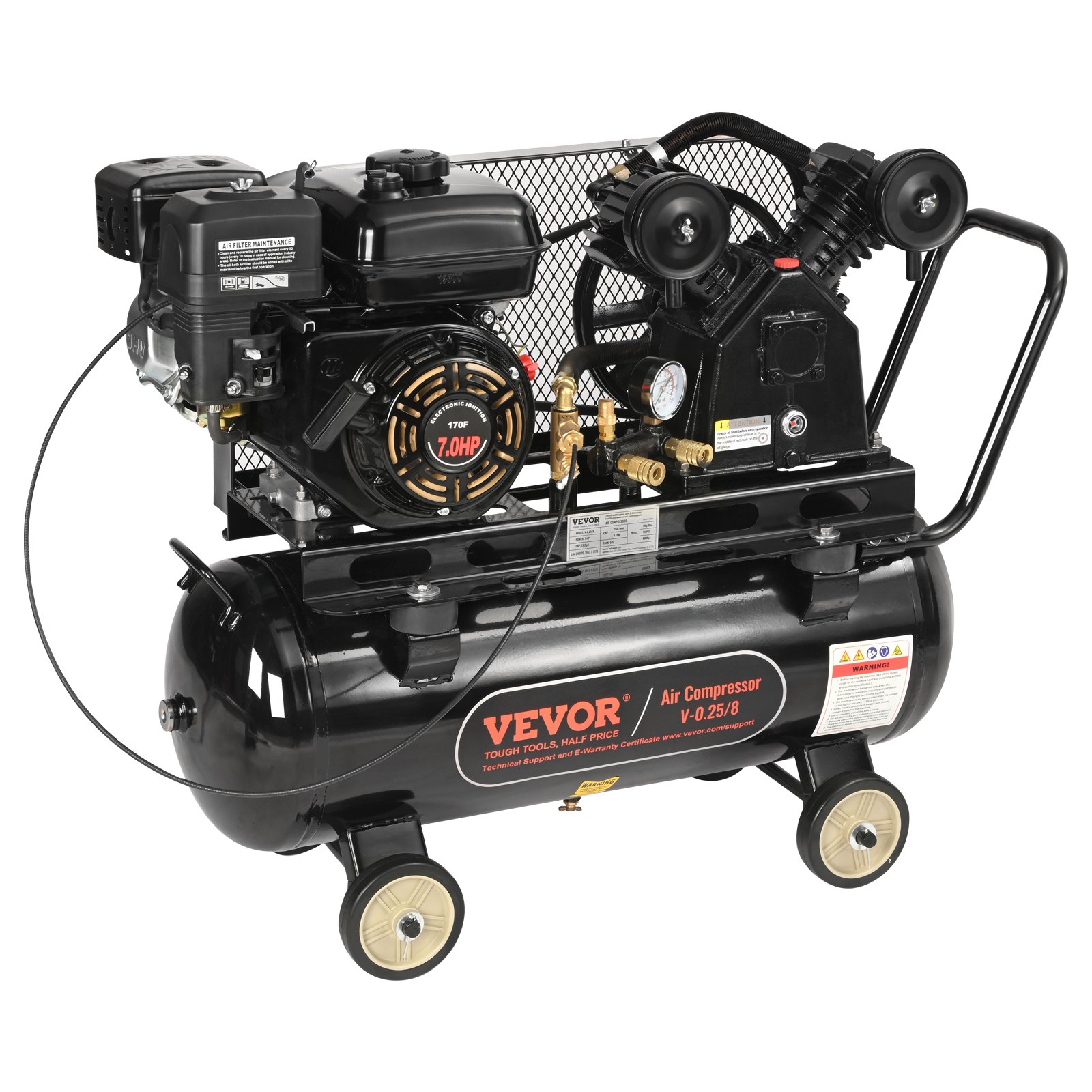 Compresor de aire a gasolina VEVOR de 7 HP, tanque horizontal de 13,2 galones, 9 CFM a 115 PSI, sistema de aire comprimido con bomba de pistón accionada por gas y presión máxima de 115 PSI para talleres y obras de construcción.