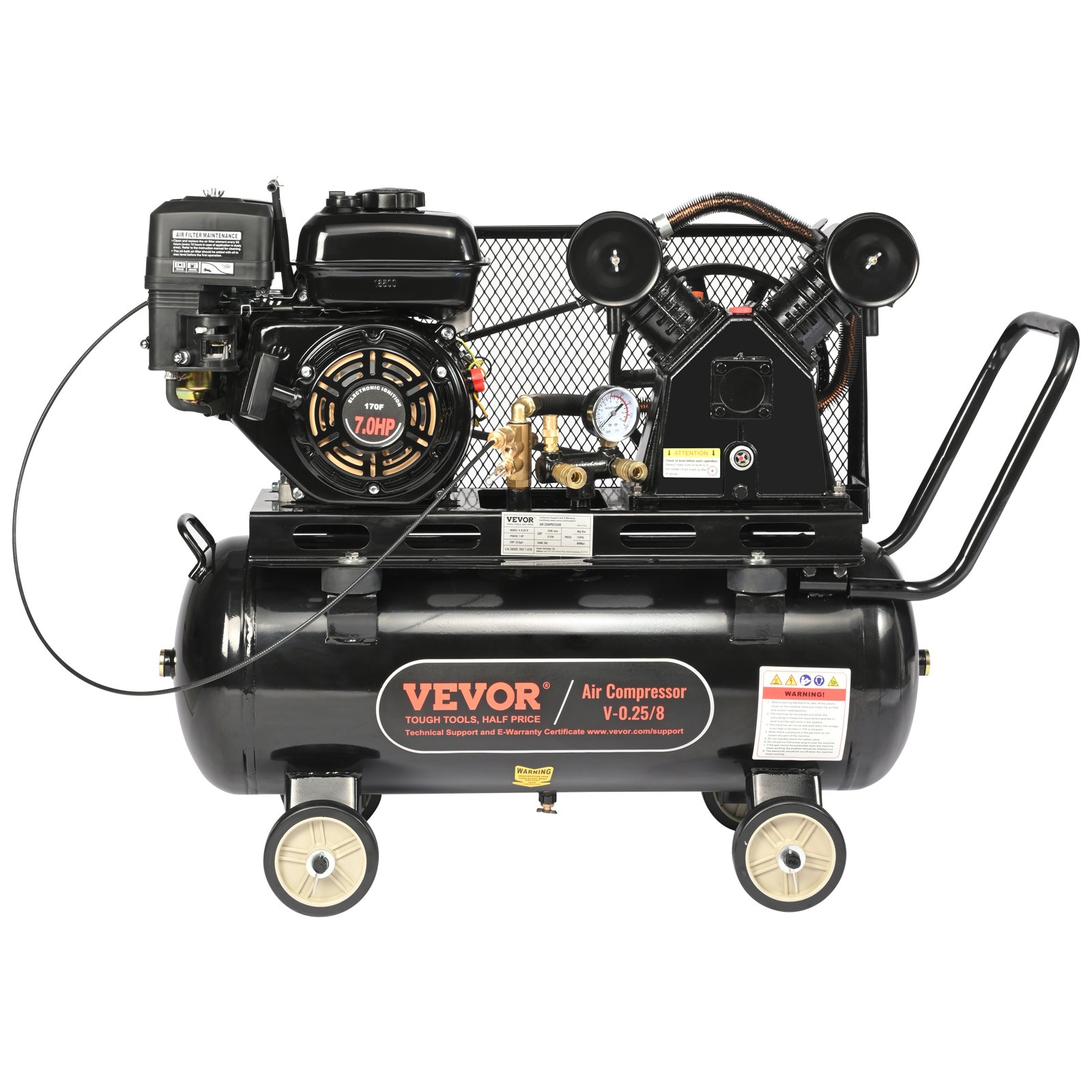 Compresor de aire a gasolina VEVOR de 7 HP, tanque horizontal de 13,2 galones, 9 CFM a 115 PSI, sistema de aire comprimido con bomba de pistón accionada por gas y presión máxima de 115 PSI para talleres y obras de construcción.