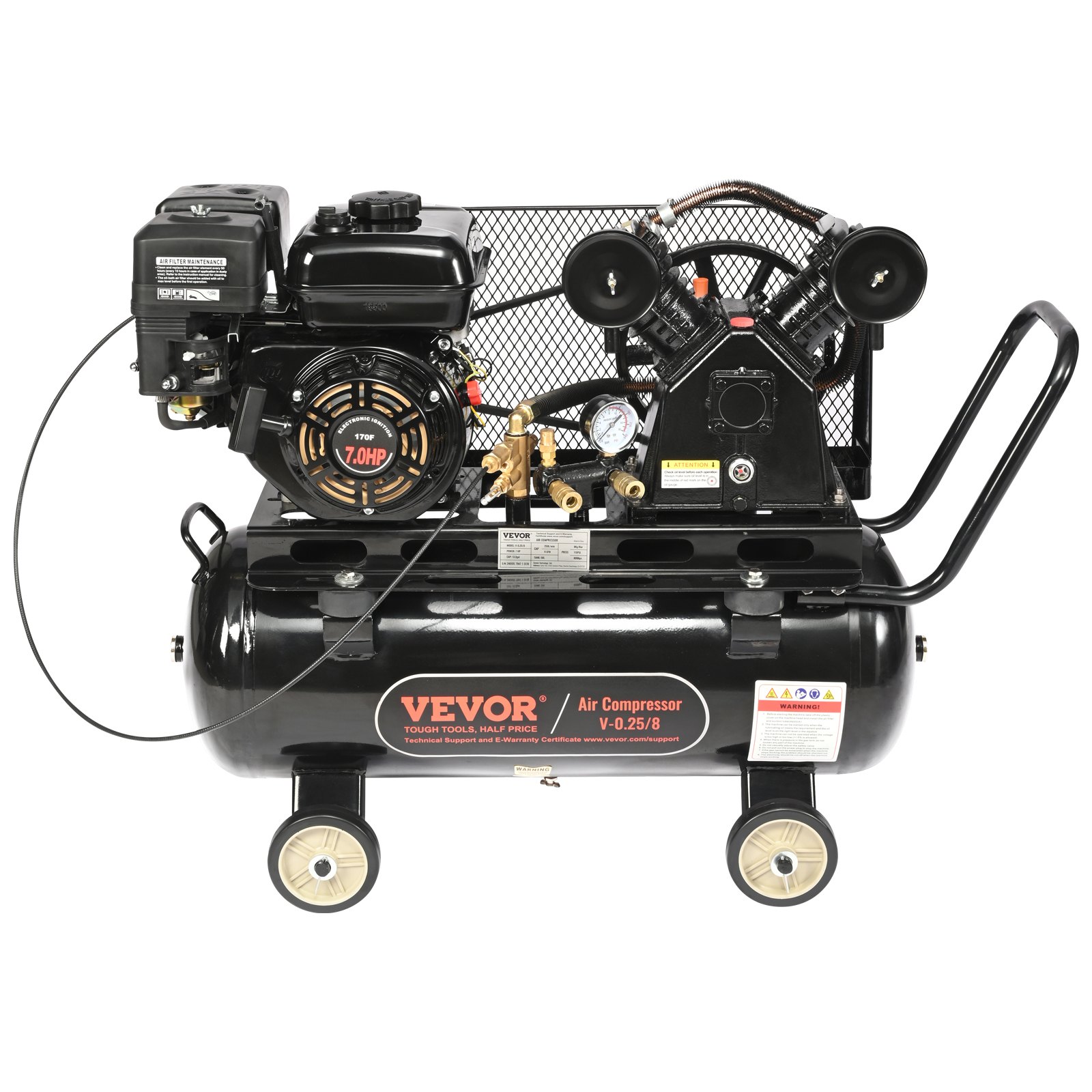 Compresor de aire a gasolina VEVOR de 7 HP, tanque horizontal de 13,2 galones, 9 CFM a 115 PSI, sistema de aire comprimido con bomba de pistón accionada por gas y presión máxima de 115 PSI para talleres y obras de construcción.