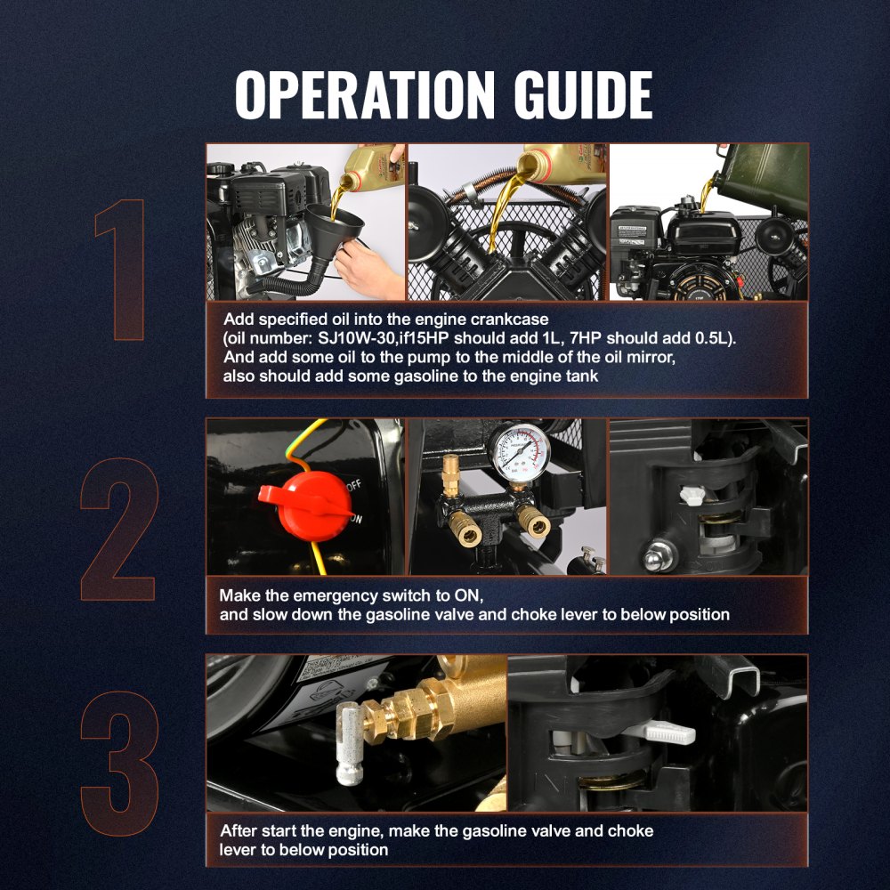 Compresor de aire a gasolina VEVOR de 7 HP, tanque horizontal de 21 galones, bomba de pistón a gasolina de 9 CFM a 115 PSI, sistema de aire comprimido con presión máxima de 115 PSI para talleres en obras de construcción.
