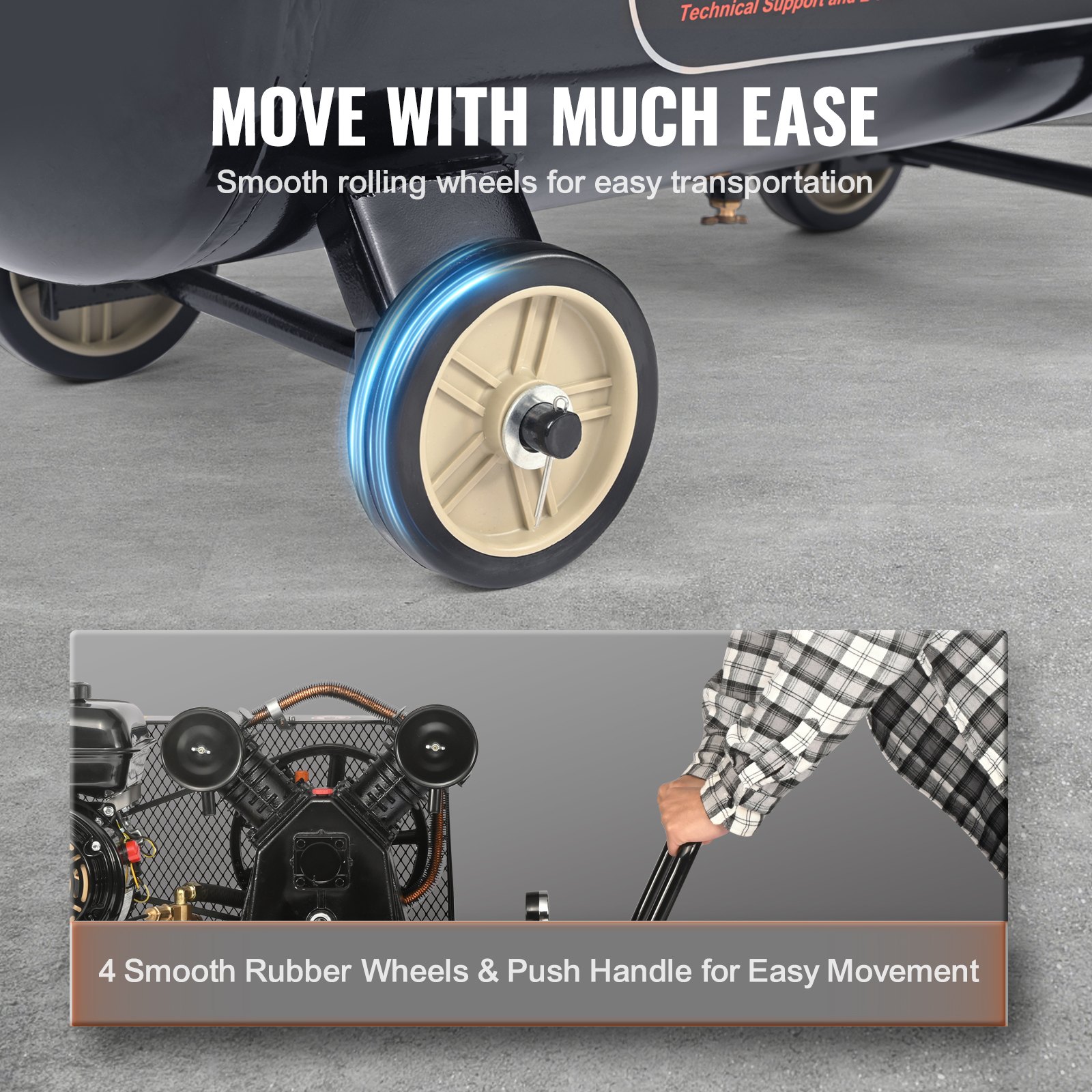 Compresor de aire a gasolina VEVOR de 7 HP, tanque horizontal de 21 galones, bomba de pistón a gasolina de 9 CFM a 115 PSI, sistema de aire comprimido con presión máxima de 115 PSI para talleres en obras de construcción.