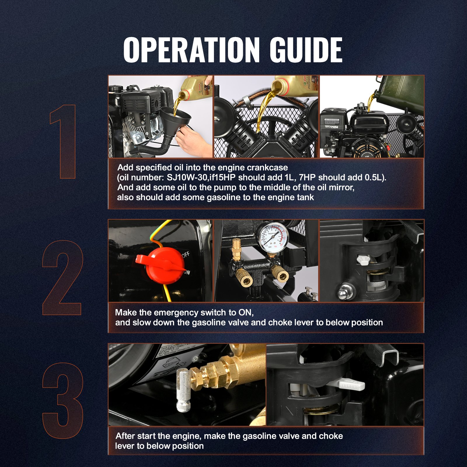 Compresor de aire a gasolina VEVOR de 7 HP, tanque horizontal de 21 galones, bomba de pistón a gasolina de 9 CFM a 115 PSI, sistema de aire comprimido con presión máxima de 115 PSI para talleres en obras de construcción.