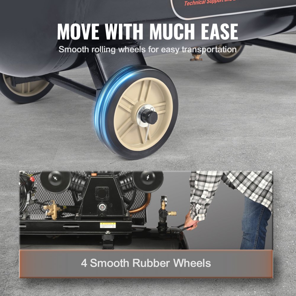 Compresor de aire a gasolina VEVOR de 15 HP, tanque horizontal de 30 galones, 33 CFM a 115 PSI, sistema de aire comprimido con bomba de pistón accionada por gas y presión máxima de 115 PSI para talleres de construcción.