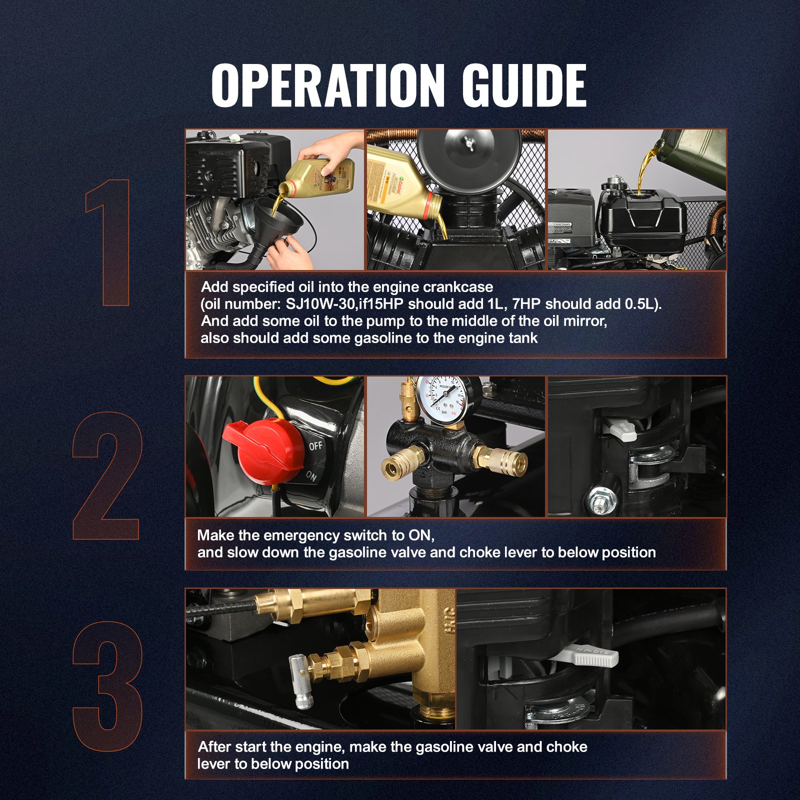 Compresor de aire a gasolina VEVOR de 15 HP, tanque horizontal de 30 galones, 33 CFM a 115 PSI, sistema de aire comprimido con bomba de pistón accionada por gas y presión máxima de 115 PSI para talleres de construcción.
