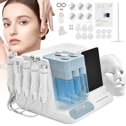 VEVOR Máquina Facial de Oxígeno Hidrógeno 8 en 1, Máquina Hidrafacial Profesional para Spa, Máquina de Rejuvenecimiento de Limpieza Hidrofacial con Pantalla LCD de 8 pulgadas, Sonda de Microcorriente,