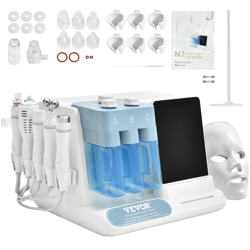 VEVOR Máquina Facial de Oxígeno Hidrógeno 8 en 1, Máquina Hidrafacial Profesional para Spa, Máquina de Rejuvenecimiento de Limpieza Hidrofacial con Pantalla LCD de 8 pulgadas, Sonda de Microcorriente,