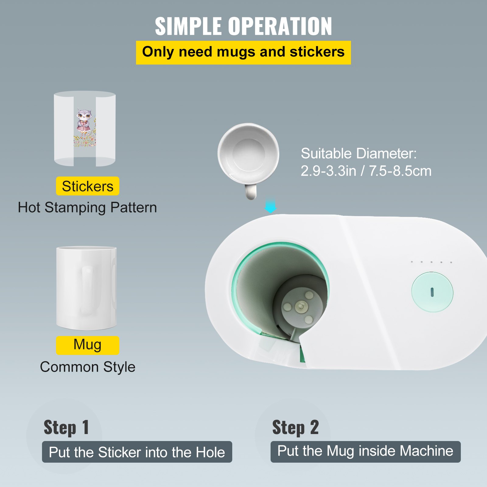 Pasos para el funcionamiento de la máquina prensadora de tazas VEVOR con pegatinas y tazas.
