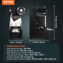 Selladora de vasos completamente automática VEVOR, 500-650 tazas/h, máquina selladora de vasos para vasos de 190 mm de alto y 90/95 mm, selladora de té Boba eléctrica con panel LCD de control digital para café, té con leche con burbujas, color negro