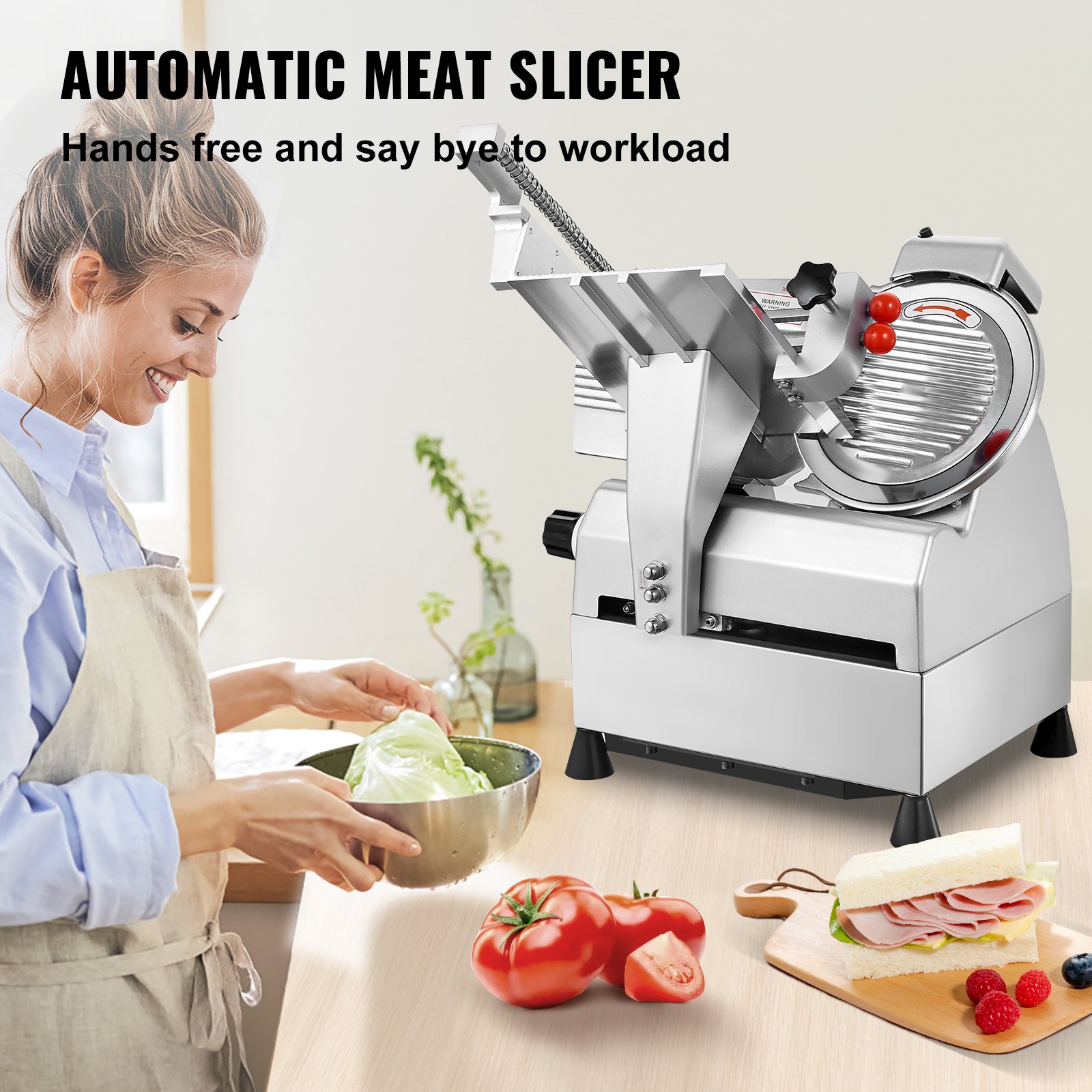 VEVOR Cortadora automática de carne, cortadora de delicatessen de 540 W, 2 piezas de hoja extraíble de acero inoxidable de 10", espesor ajustable de 0-15 mm, protección de bloqueo para niños, máquina cortadora de alimentos para carne, queso, pan para uso doméstico