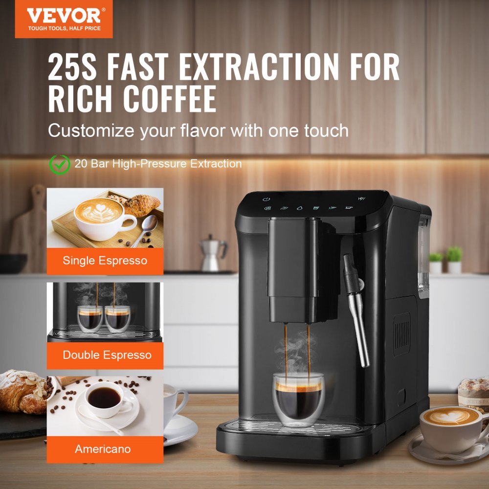 Cafetera espresso automática VEVOR, 20 bares, con vaporizador, molinillo integrado y 15 niveles de molienda. Cafetera profesional con depósito de agua de 1,5 l.