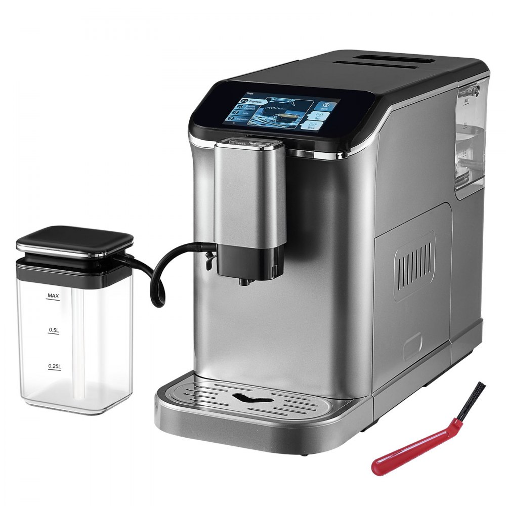 Cafetera espresso totalmente automática VEVOR - con espumador de leche automático, cafetera capuchino latte superautomática de 20 bares con pantalla táctil TFT, molinillo, 15 niveles de molienda y depósito de leche extraíble.