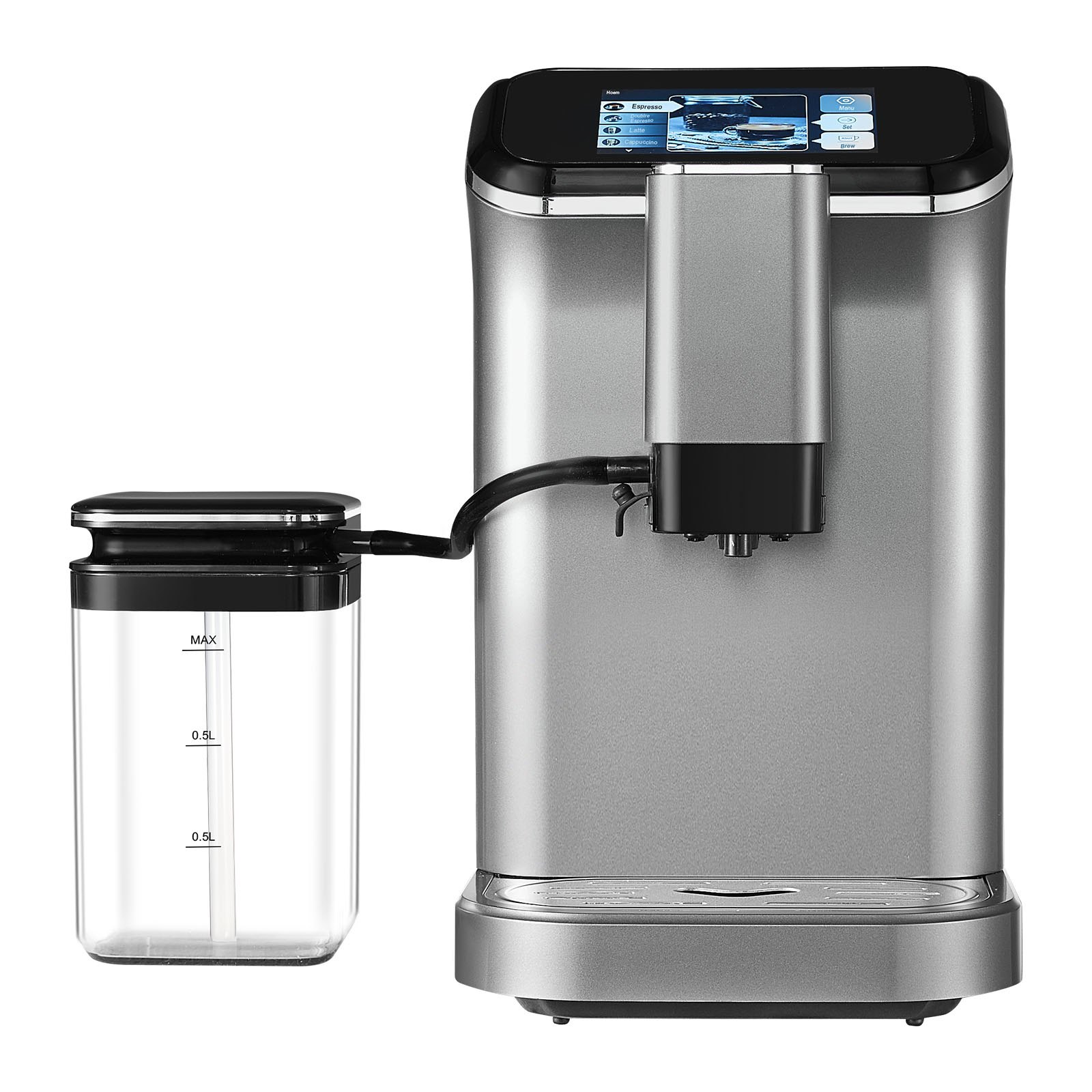 Cafetera espresso totalmente automática VEVOR - con espumador de leche automático, cafetera capuchino latte superautomática de 20 bares con pantalla táctil TFT, molinillo, 15 niveles de molienda y depósito de leche extraíble.