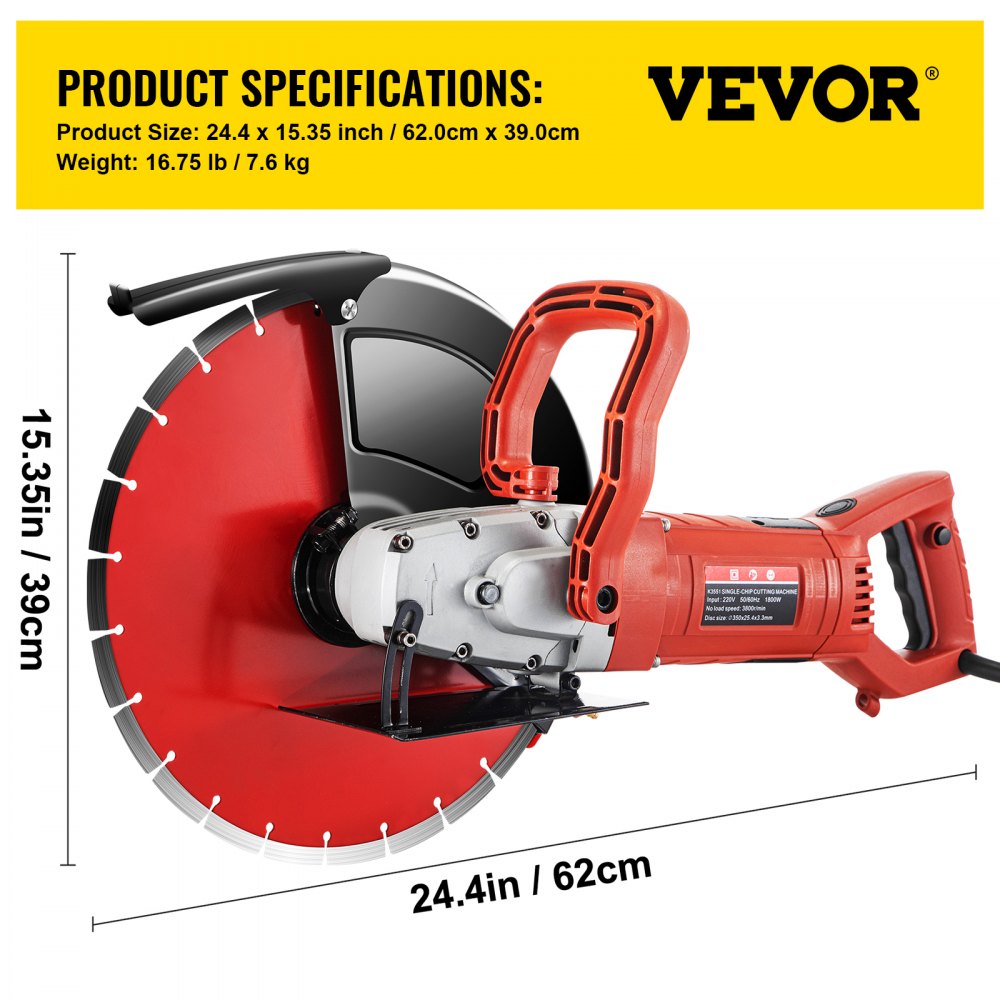 Sierra eléctrica para hormigón VEVOR, cortadora de hormigón de 14", sierra para hormigón de 15 amperios, sierra circular eléctrica con hoja de 14" y herramientas, sierra para mampostería para granito, ladrillo, porcelana, hormigón armado y otros materiales
