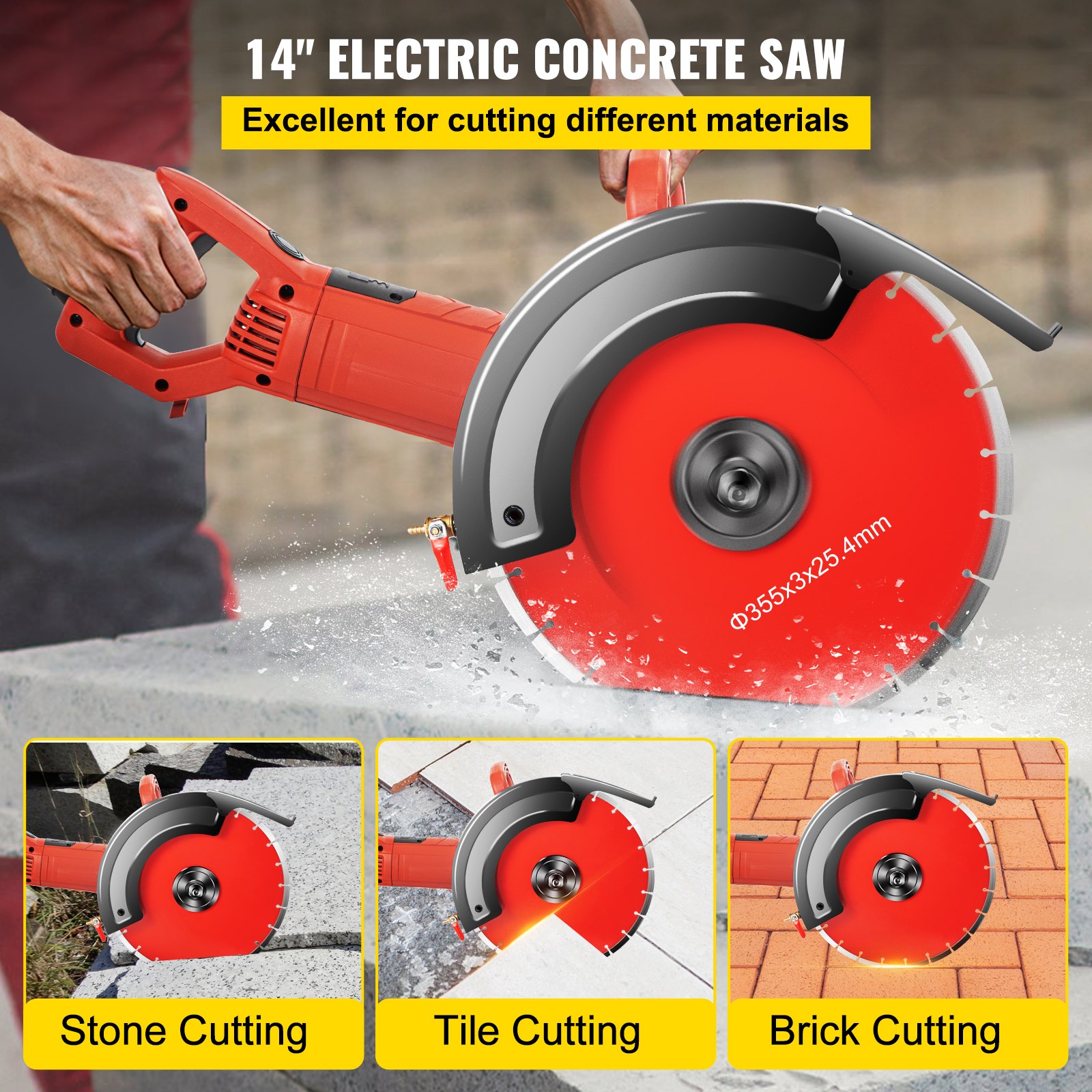 Sierra eléctrica para hormigón VEVOR, cortadora de hormigón de 14", sierra para hormigón de 15 amperios, sierra circular eléctrica con hoja de 14" y herramientas, sierra para mampostería para granito, ladrillo, porcelana, hormigón armado y otros materiales