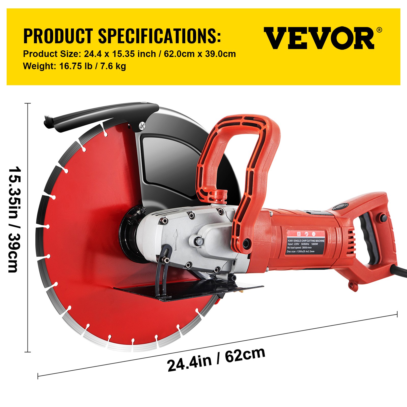 Sierra eléctrica para hormigón VEVOR, cortadora de hormigón de 14", sierra para hormigón de 15 amperios, sierra circular eléctrica con hoja de 14" y herramientas, sierra para mampostería para granito, ladrillo, porcelana, hormigón armado y otros materiales
