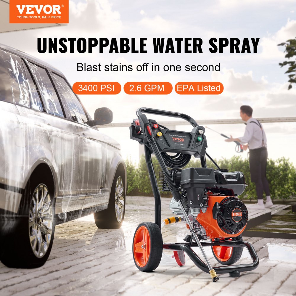 Hidrolavadora a gasolina VEVOR, 3400 PSI, 2.6 GPM, con bomba de aluminio, pistola rociadora y varilla de extensión, 5 boquillas de conexión rápida, para limpiar autos, casas, entradas de vehículos y patios.