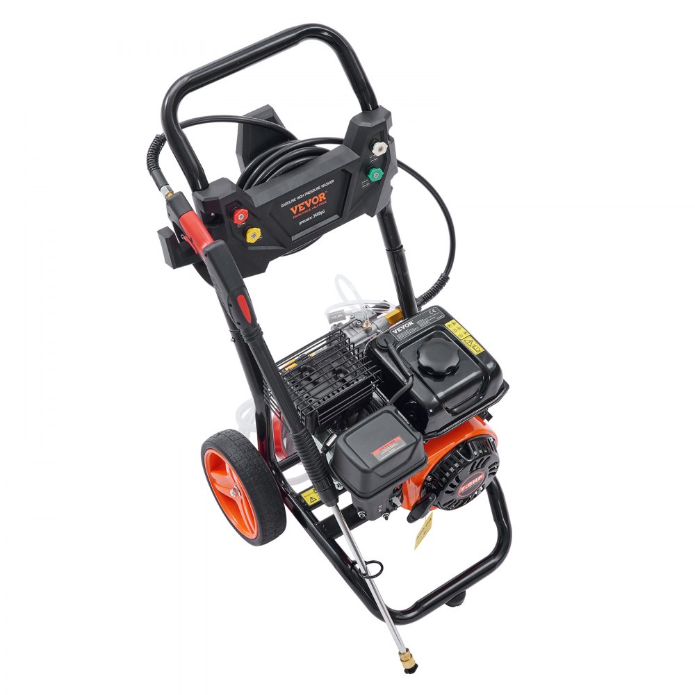 Hidrolavadora a gasolina VEVOR, 3400 PSI, 2.6 GPM, con bomba de aluminio, pistola rociadora y varilla de extensión, 5 boquillas de conexión rápida, para limpiar autos, casas, entradas de vehículos y patios.
