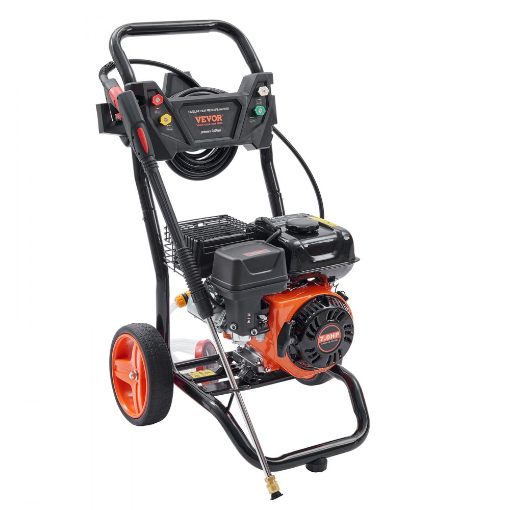 Hidrolavadora a gasolina VEVOR, 3400 PSI, 2.6 GPM, con bomba de aluminio, pistola rociadora y varilla de extensión, 5 boquillas de conexión rápida, para limpiar autos, casas, entradas de vehículos y patios.