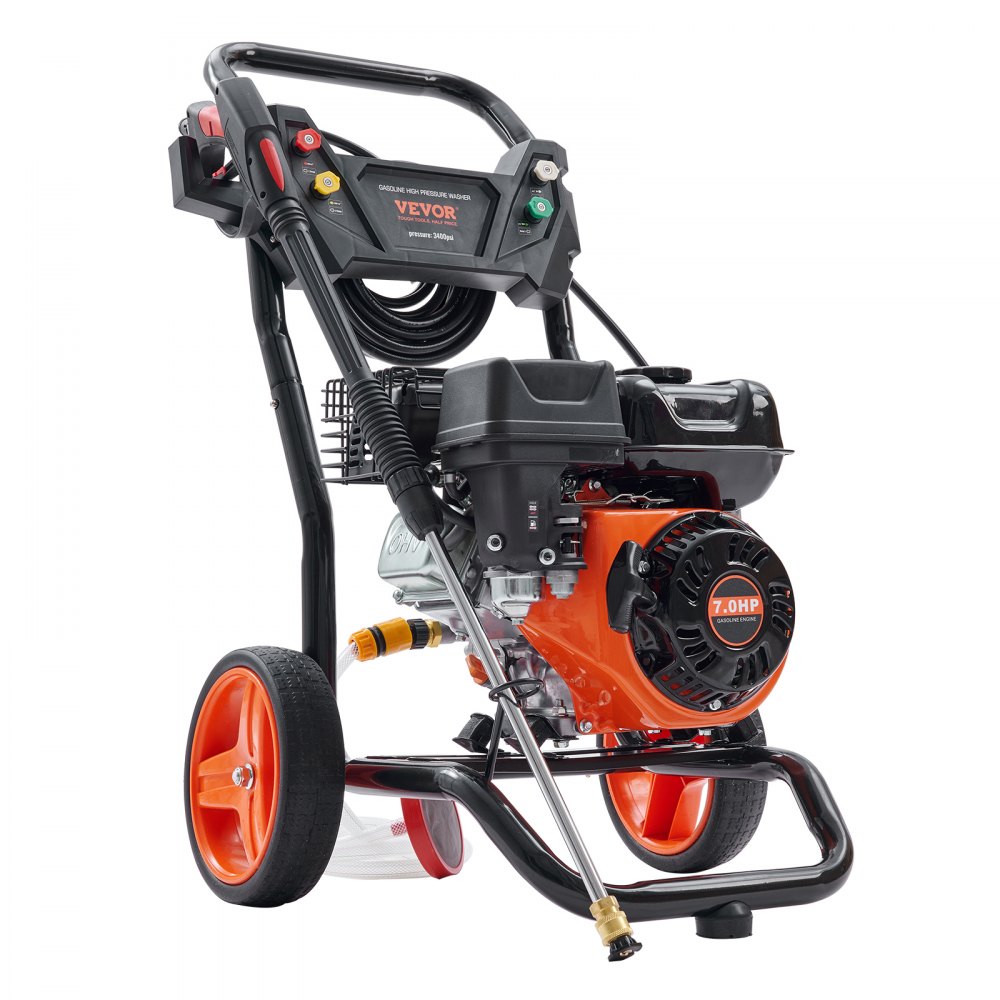 Hidrolavadora a gasolina VEVOR, 3400 PSI, 2.6 GPM, con bomba de aluminio, pistola rociadora y varilla de extensión, 5 boquillas de conexión rápida, para limpiar autos, casas, entradas de vehículos y patios.