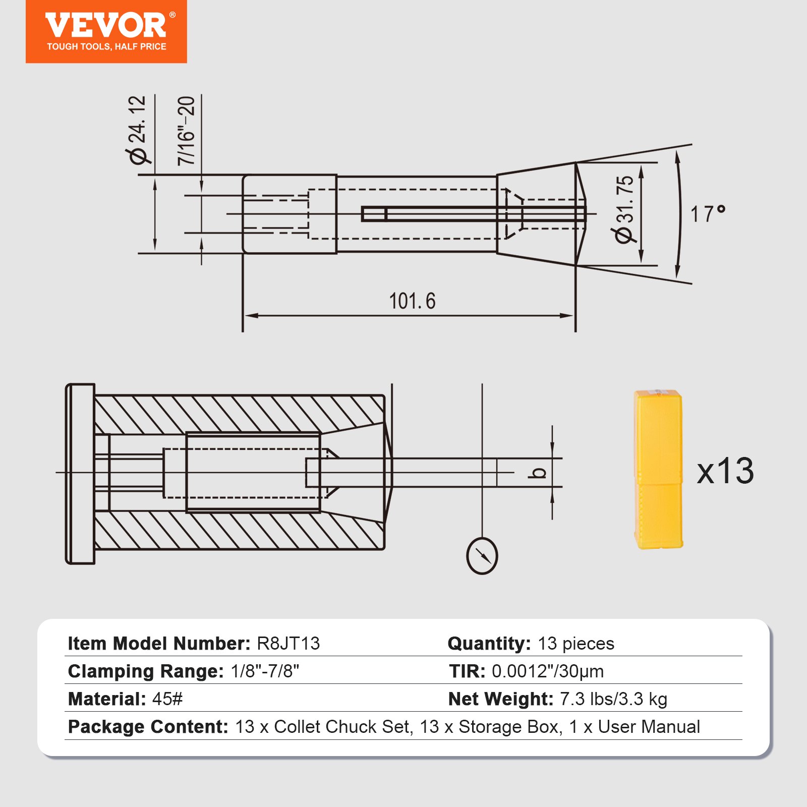 Juego de pinzas VEVOR r8 con 13 piezas, rango de sujeción 1/8&quot;-7/8&quot;, material 45#, peso neto 7.3 lbs.