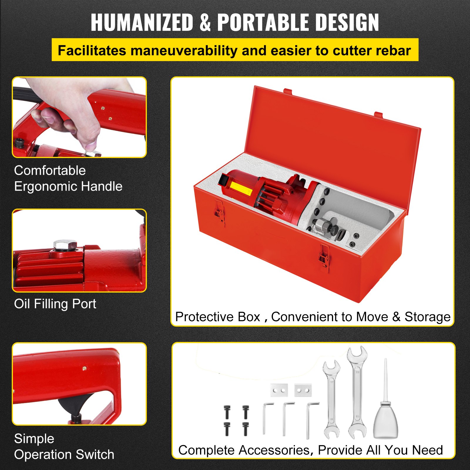 Cortadora de varillas eléctrica VEVOR, cortadora de varillas hidráulica portátil de 1250 W, corta varillas de hasta 3/4 de pulgada n.° 6 de 4-20 mm en 4 segundos, 110 V, con caja de acero inoxidable fácil de transportar.