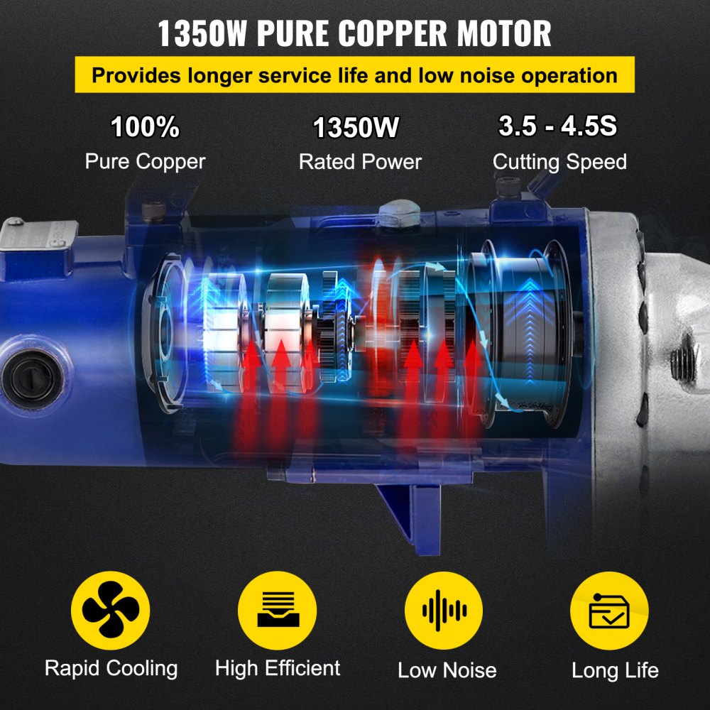Cortadora de varillas de refuerzo VEVOR con motor de cobre puro de 1350 W, velocidad de corte de 3,5 a 4,5 s.