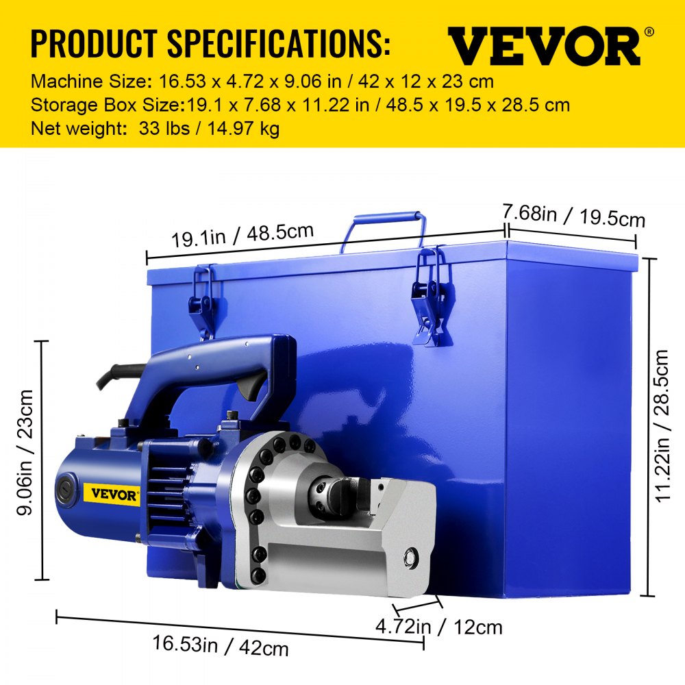 Cortadora de varillas de refuerzo VEVOR con caja de almacenamiento azul y dimensiones indicadas.