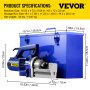 Cortadora de varillas de refuerzo VEVOR con caja de almacenamiento azul y dimensiones indicadas.