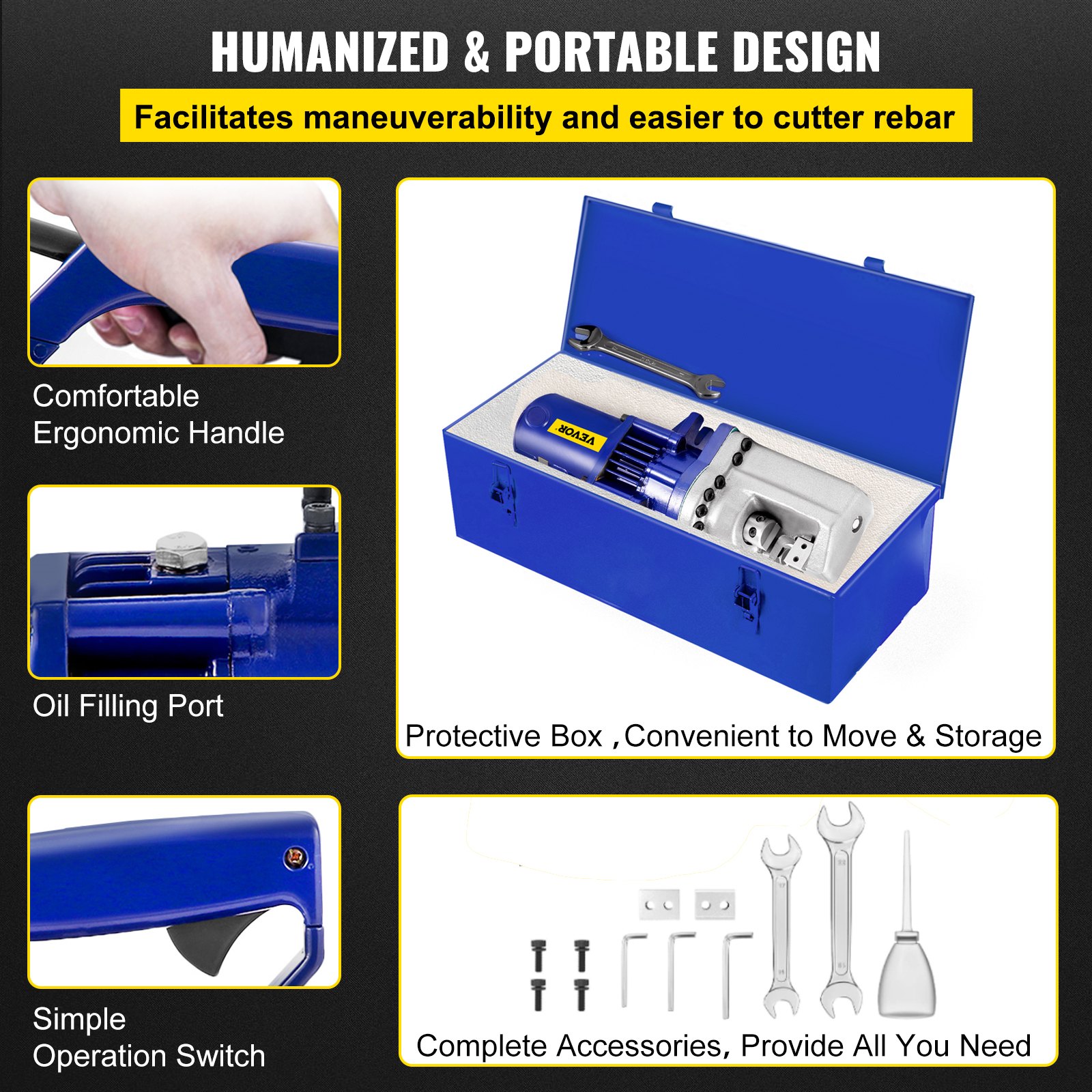 Cortadora de varillas de refuerzo VEVOR en estuche azul con mango ergonómico y accesorios completos.