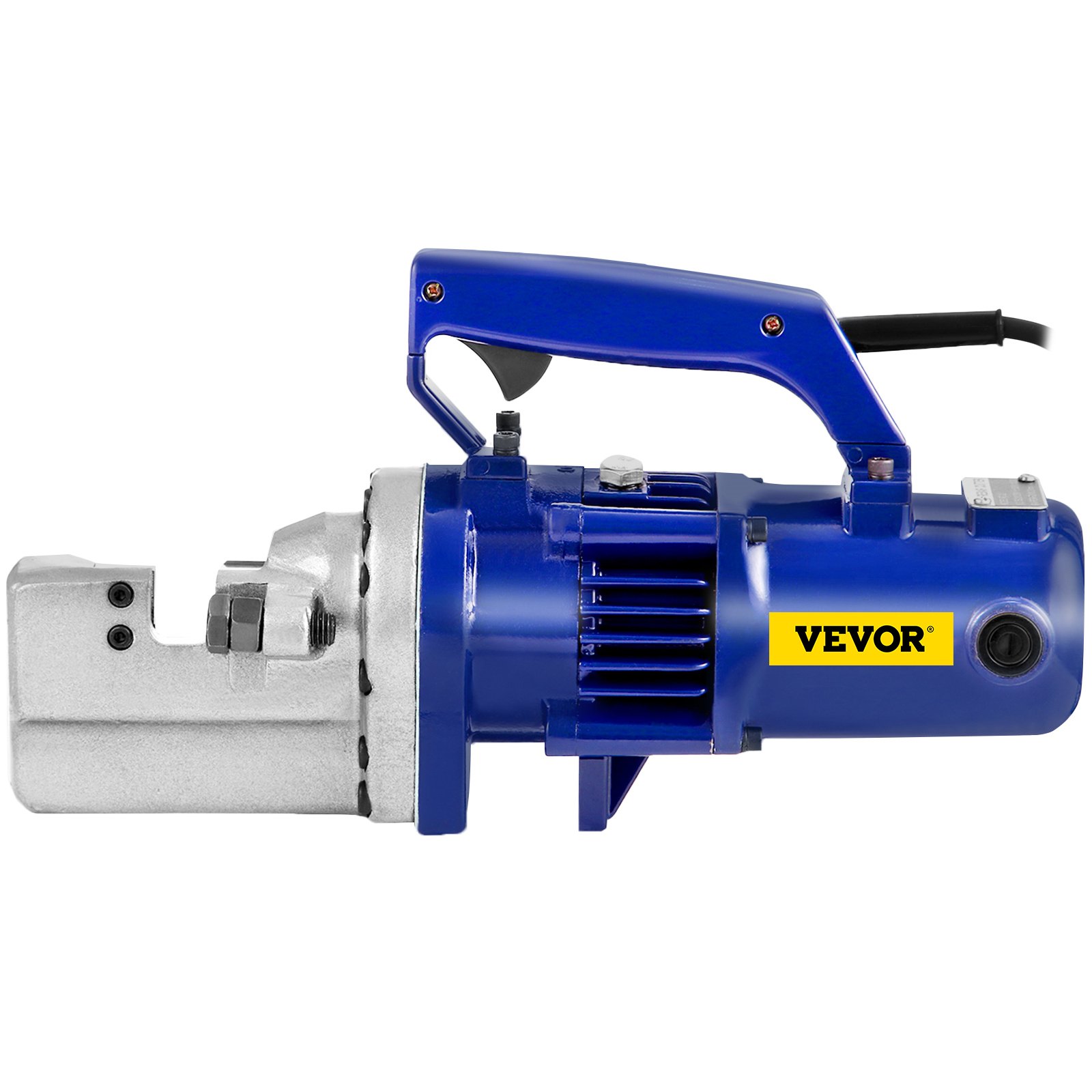 Cortadora de varillas de refuerzo azul VEVOR con cabezal de corte plateado y mango ergonómico.