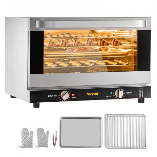 VEVOR Horno de convección comercial, 47 L/43 Qt, encimera de horno convencional de tamaño medio, tostadora de 4 niveles de 1600 W con puerta frontal de vidrio, horno eléctrico para hornear con bandeja