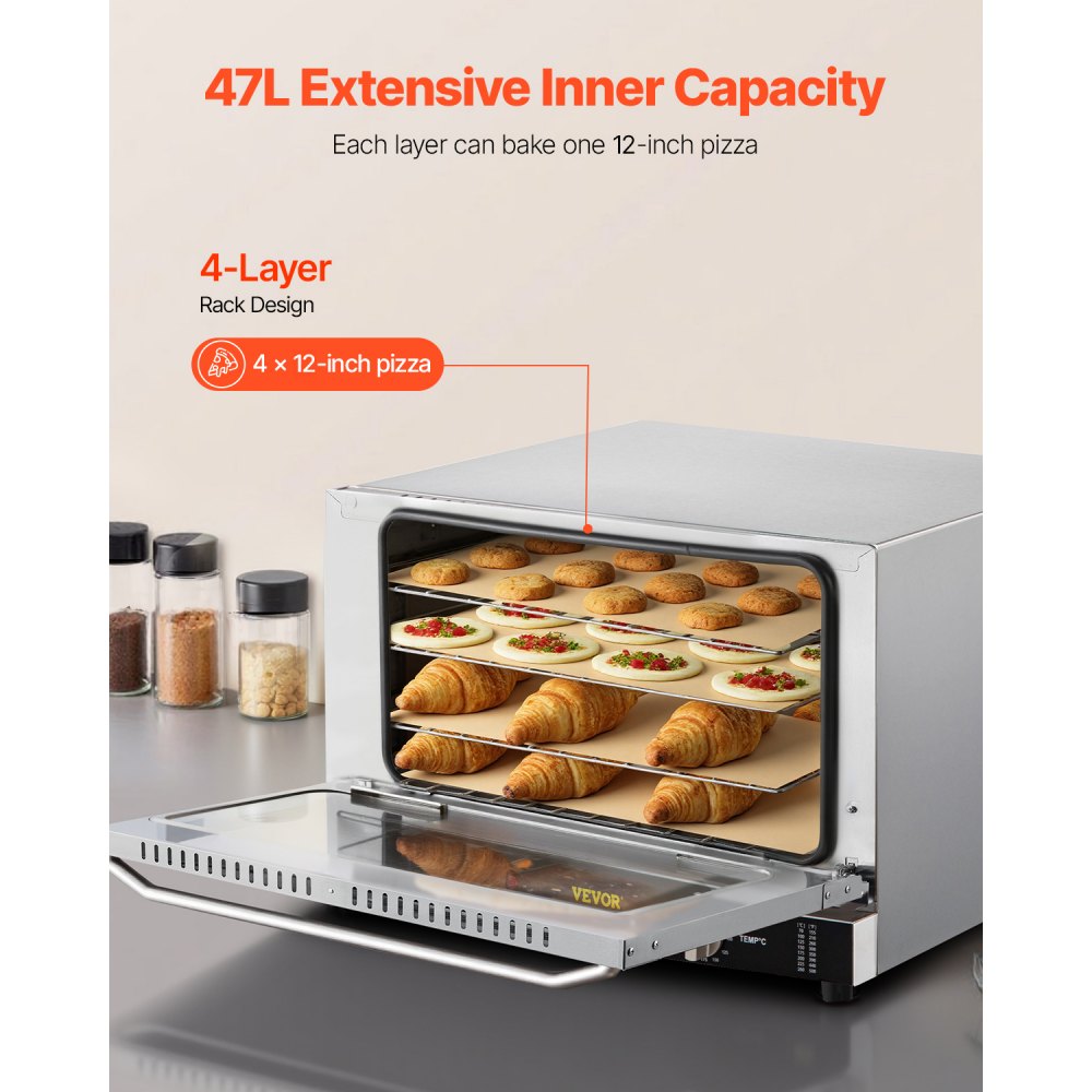 VEVOR Horno de convección comercial, 47 L/43 Qt, encimera de horno convencional de tamaño medio, tostadora de 4 niveles de 1600 W con puerta frontal de vidrio, horno eléctrico para hornear con bandeja