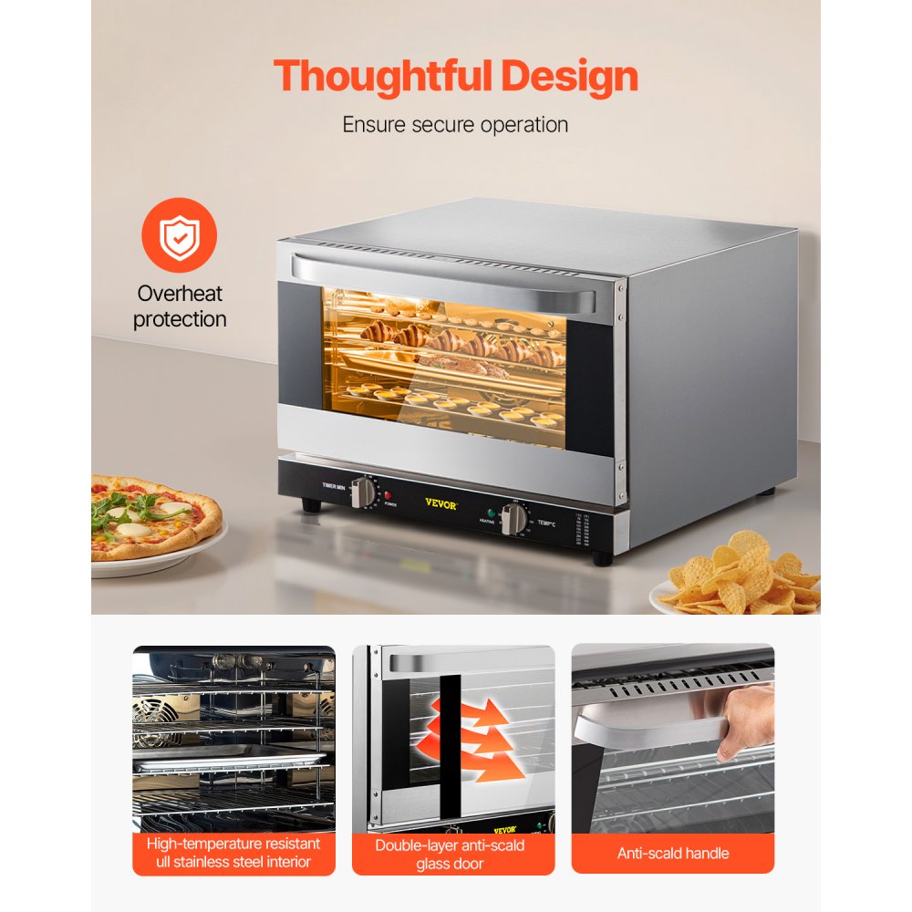 VEVOR Horno de convección comercial, 47 L/43 Qt, encimera de horno convencional de tamaño medio, tostadora de 4 niveles de 1600 W con puerta frontal de vidrio, horno eléctrico para hornear con bandeja