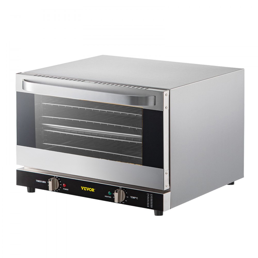 VEVOR Horno de convección comercial, 47 L/43 Qt, encimera de horno convencional de tamaño medio, tostadora de 4 niveles de 1600 W con puerta frontal de vidrio, horno eléctrico para hornear con bandeja