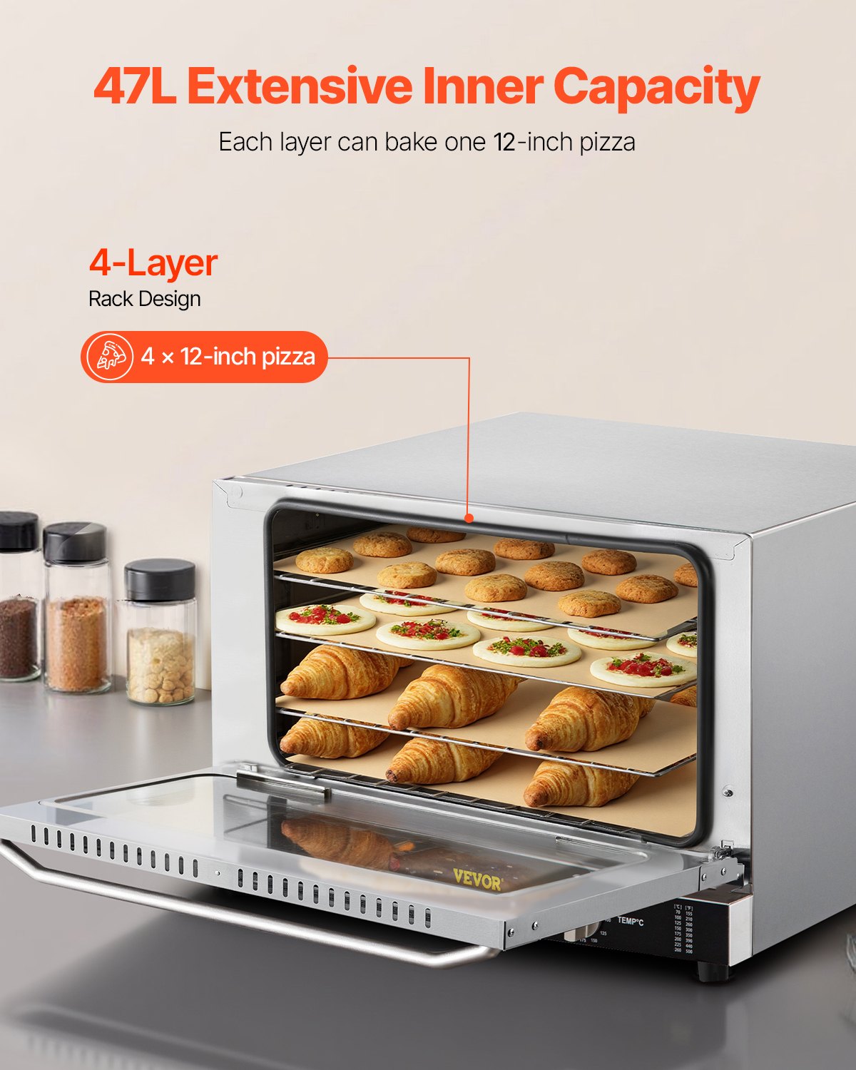 VEVOR Horno de convección comercial, 47 L/43 Qt, encimera de horno convencional de tamaño medio, tostadora de 4 niveles de 1600 W con puerta frontal de vidrio, horno eléctrico para hornear con bandeja
