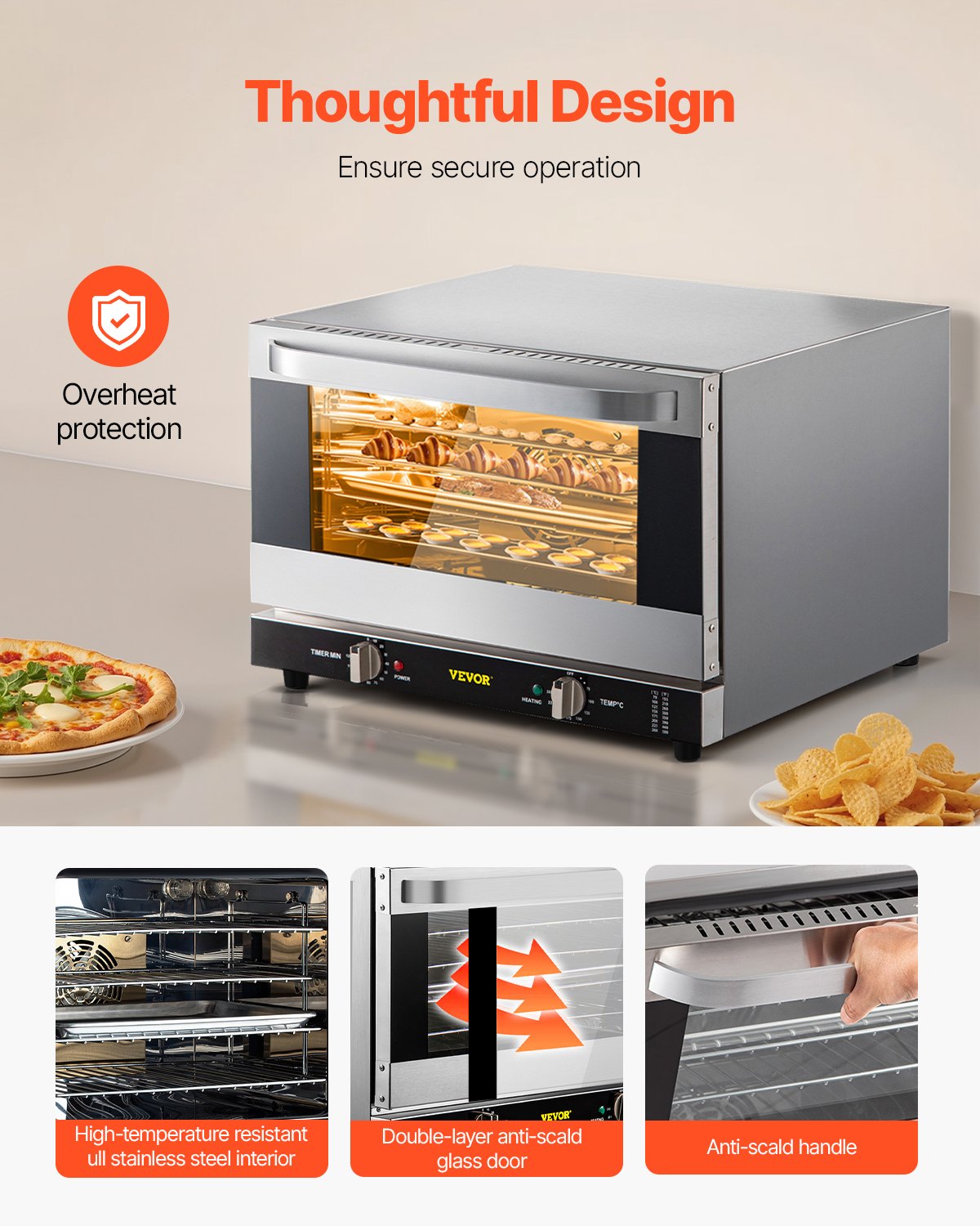 VEVOR Horno de convección comercial, 47 L/43 Qt, encimera de horno convencional de tamaño medio, tostadora de 4 niveles de 1600 W con puerta frontal de vidrio, horno eléctrico para hornear con bandeja