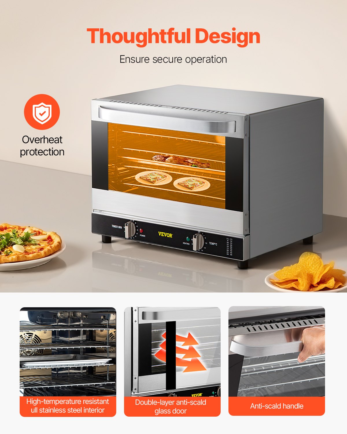 Horno de convección comercial VEVOR, 66 L/60 Qt, horno convencional de tamaño medio de encimera, tostador de 4 niveles de 1800 W con puerta frontal de vidrio, horno eléctrico con bandeja y rejillas de alambre (120 V, enchufe 5-15P)