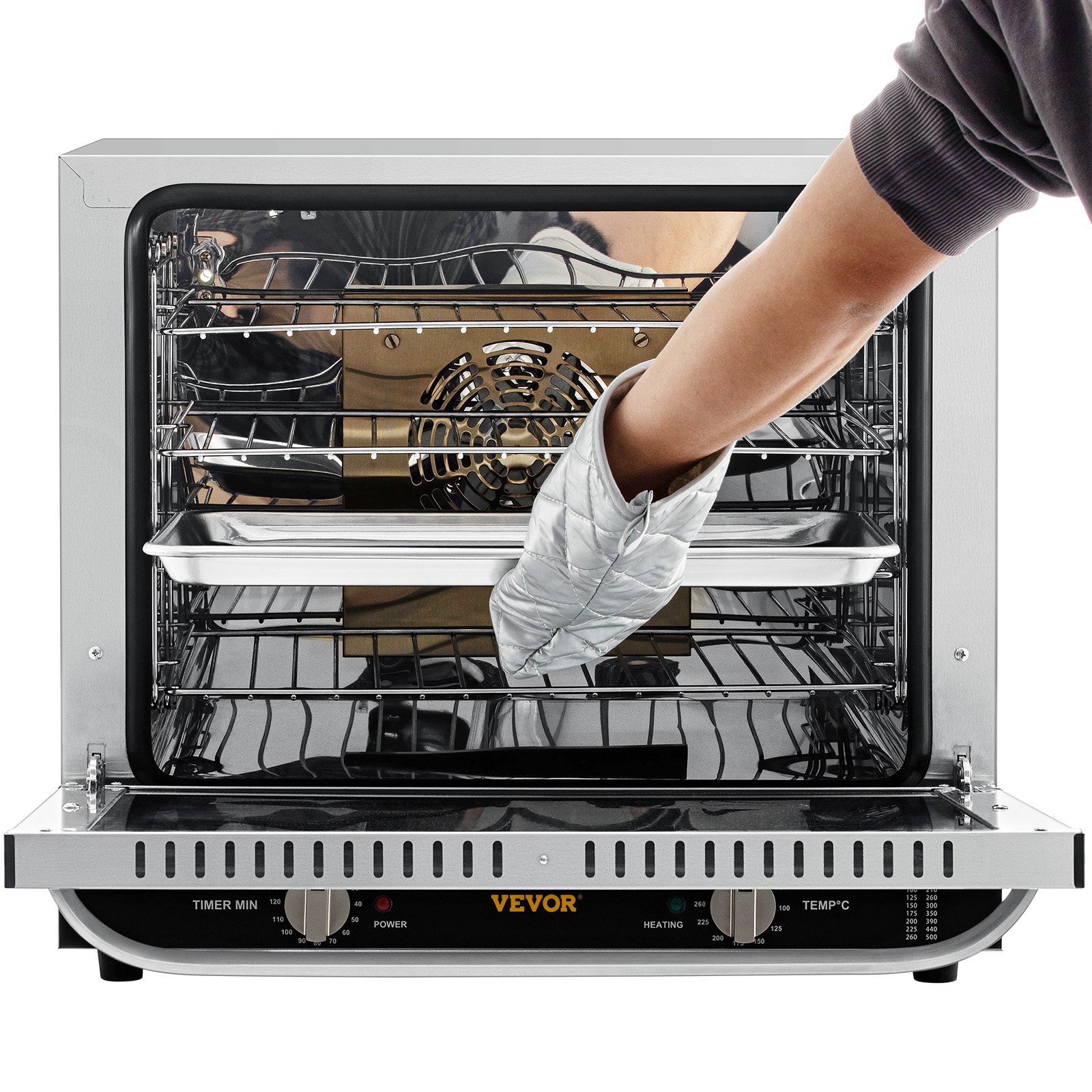 VEVOR Horno de convección comercial, 66 L/60 Qt, encimera de horno convencional de tamaño medio, tostadora de 4 niveles de 1800 W con puerta frontal de vidrio, horno eléctrico para hornear con bandejas, guantes de clip, 120 V, certificación ETL