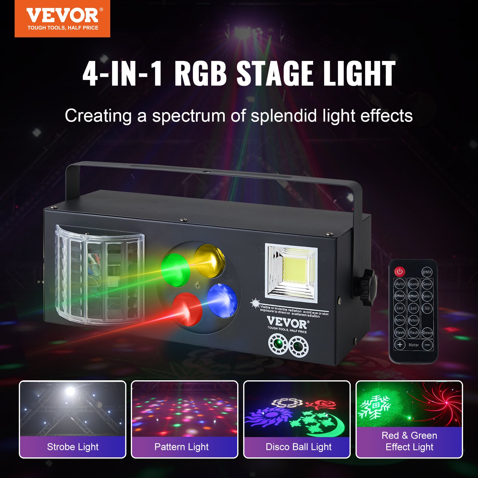 VEVOR Luces de escenario, luces de fiesta RGB 4 en 1, luz estroboscópica con patrón LED, efectos de iluminación mixtos activados por sonido con luz de efecto rojo y verde para DJ Club, discoteca, fiesta, boda, cumpleaños, Navidad (negro)