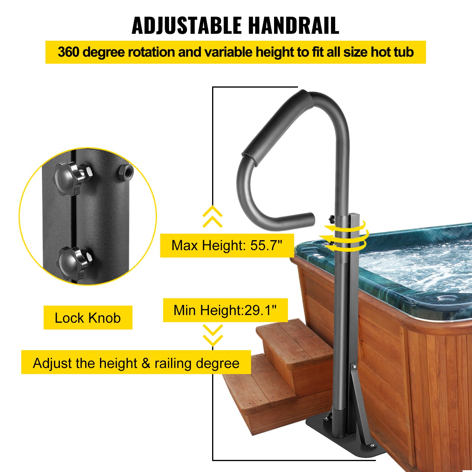 Pasamanos para bañera de hidromasaje VEVOR, pasamanos lateral de spa de 57 pulgadas con base de montaje deslizante, 600 libras de carga, escalón lateral de spa, escalón lateral de spa de hierro pesado, riel de montaje inferior lateral de spa con luz de sensor para interior, exterior
