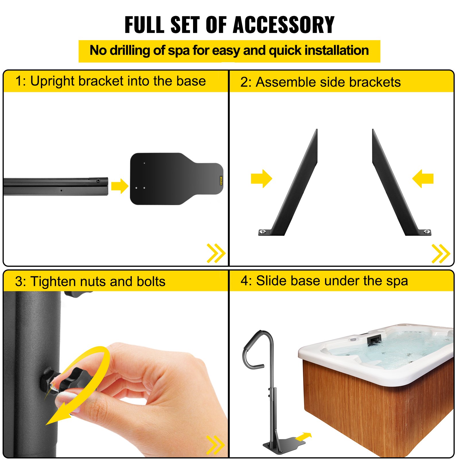 Pasamanos para jacuzzi VEVOR, pasamanos lateral de 145 cm con base deslizable, escalón de hierro resistente para bañera de hidromasaje con riel lateral de montaje inferior y luz con sensor para interiores y exteriores.