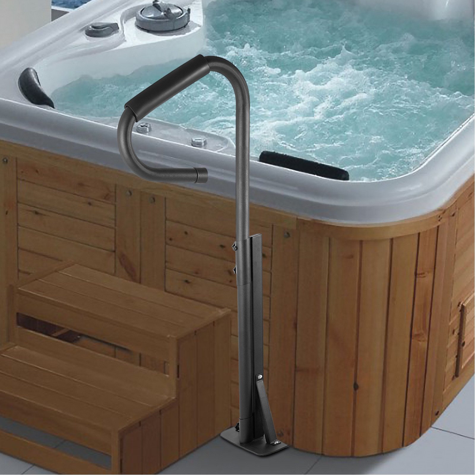 Pasamanos para jacuzzi VEVOR, pasamanos lateral de 145 cm con base deslizable, escalón de hierro resistente para bañera de hidromasaje con riel lateral de montaje inferior y luz con sensor para interiores y exteriores.