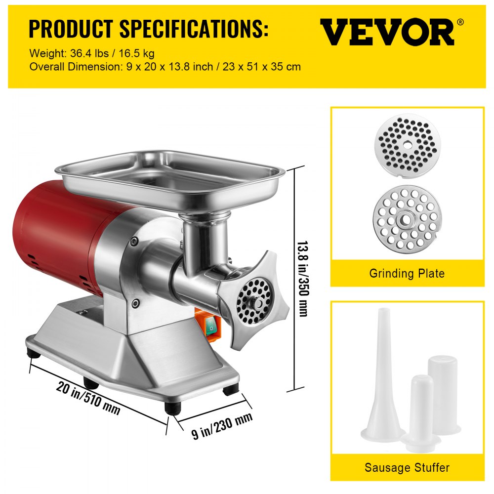 VEVOR Máquina picadora de carne eléctrica Máquina picadora de carne eléctrica 551 lbs/hora 850 W rojo