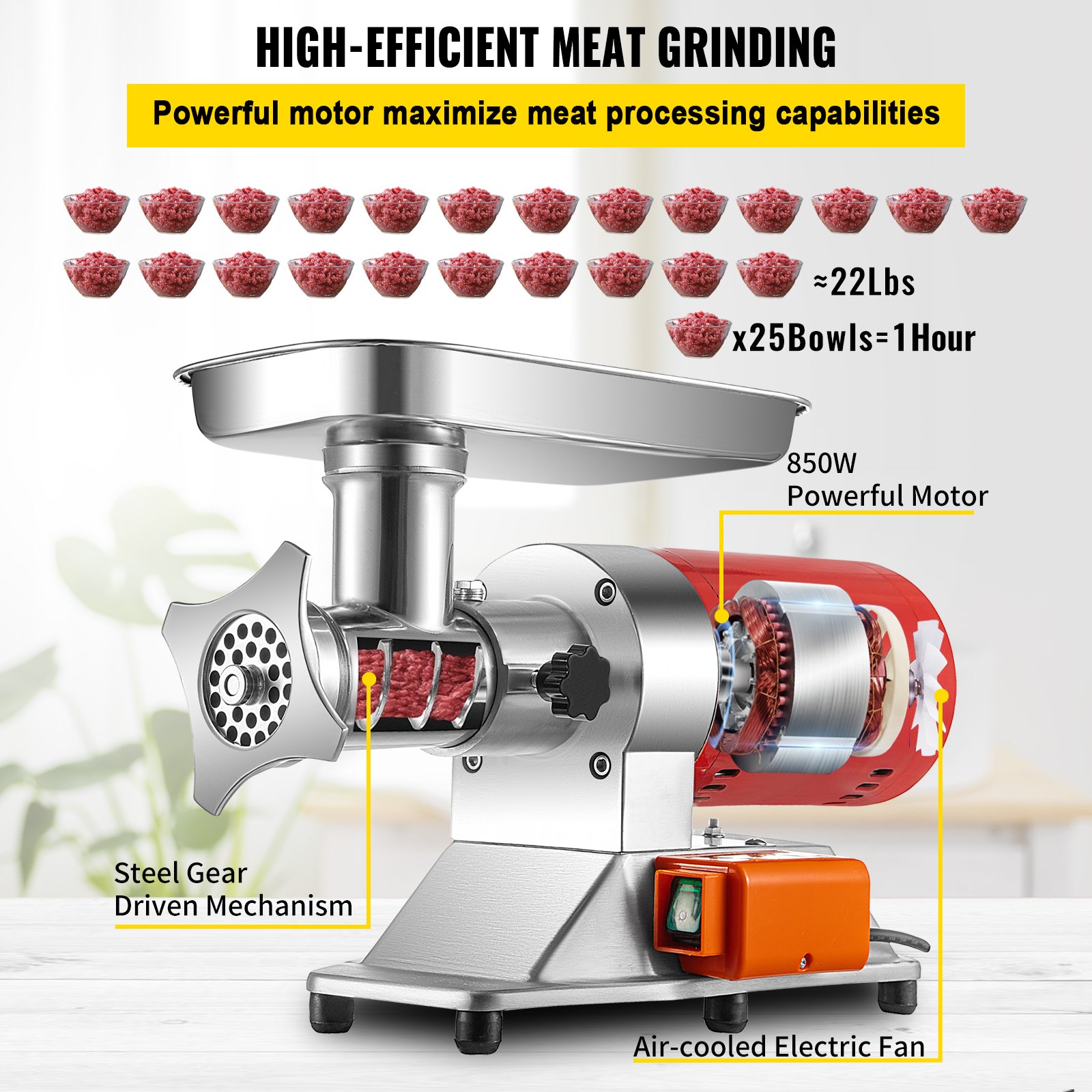 VEVOR Máquina picadora de carne eléctrica Máquina picadora de carne eléctrica 551 lbs/hora 850 W rojo