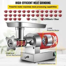 VEVOR Picadora de carne eléctrica 661 libras/hora Máquina picadora de carne de 1100 W picadora de carne eléctrica de 1,5 Hp con 2 placas de molienda